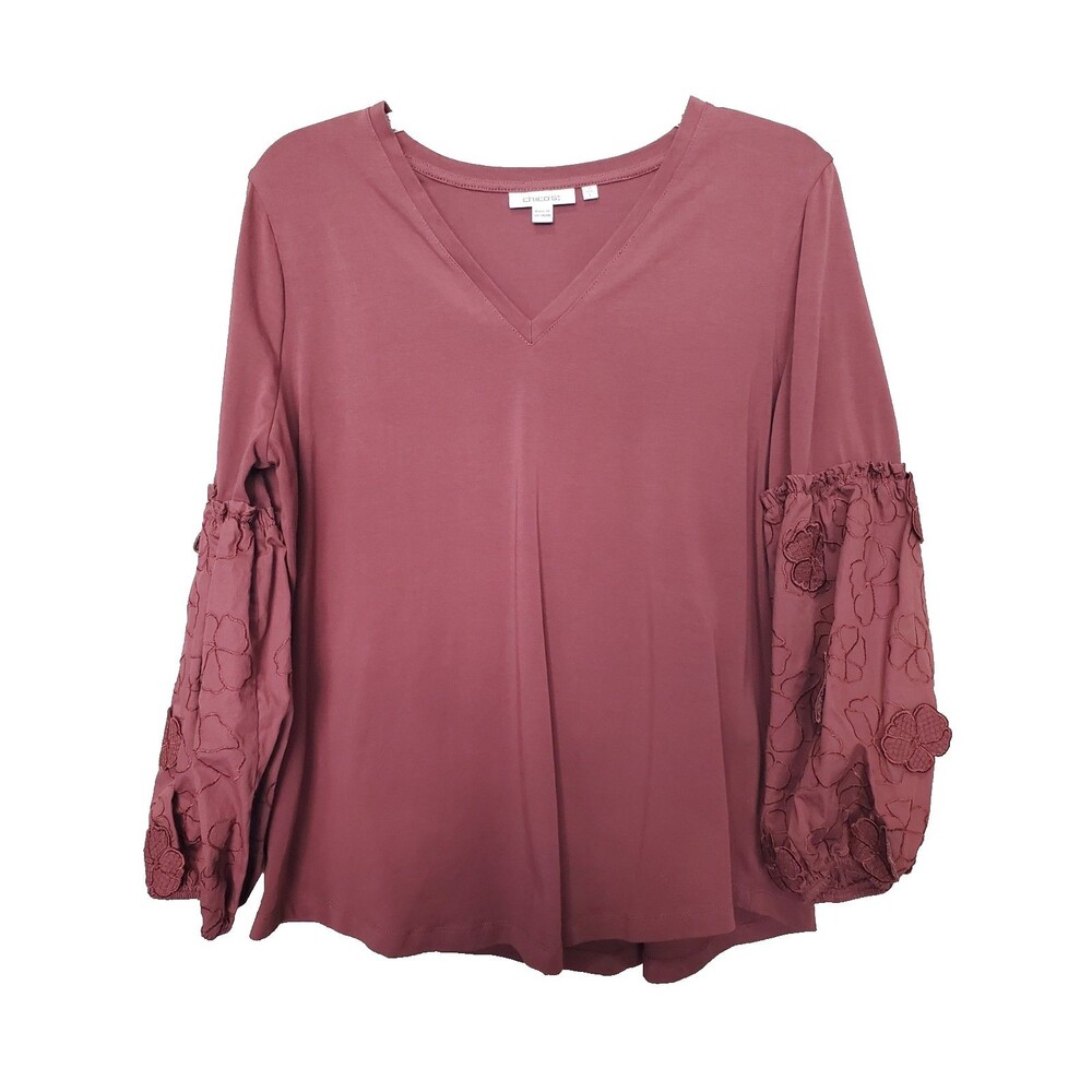 Chico's Brown V-Neck Embroidered Applique Balloon Sleeve Top Size 1 Medium